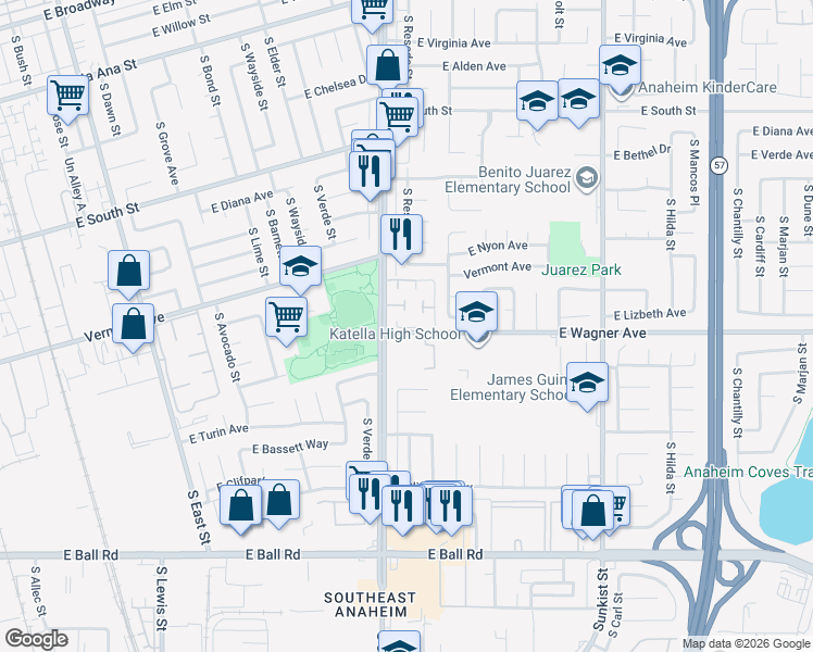 map of restaurants, bars, coffee shops, grocery stores, and more near 2015 East Saddlewood Lane in Anaheim