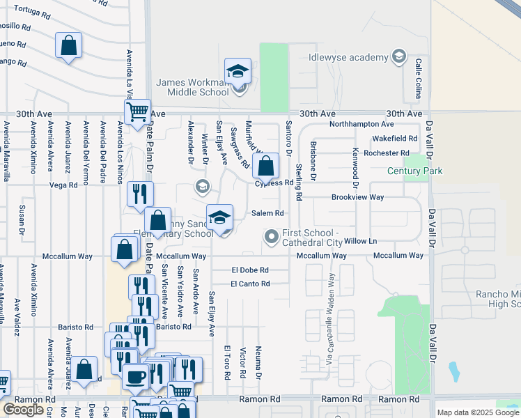 map of restaurants, bars, coffee shops, grocery stores, and more near 69398 Salem Road in Cathedral City