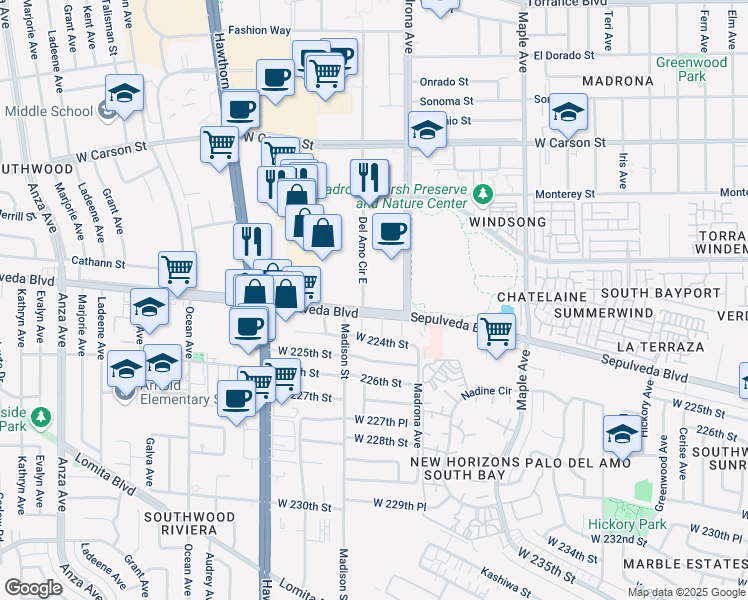 map of restaurants, bars, coffee shops, grocery stores, and more near 22305 Eastwood Court in Torrance