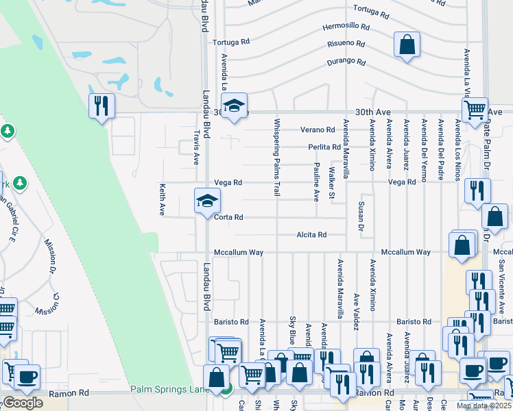 map of restaurants, bars, coffee shops, grocery stores, and more near 68165 Galardo Road in Cathedral City