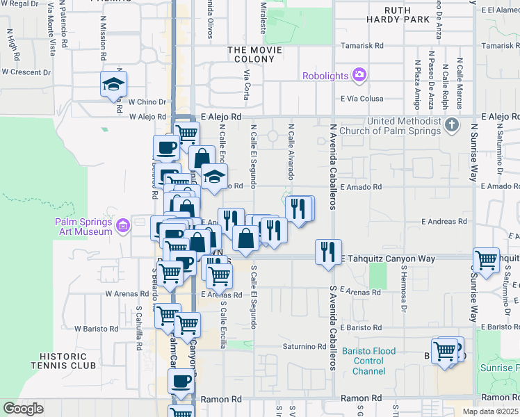 map of restaurants, bars, coffee shops, grocery stores, and more near 222 North Calle El Segundo in Palm Springs