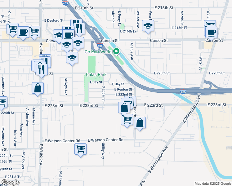 map of restaurants, bars, coffee shops, grocery stores, and more near 1151 East 222nd Street in Carson