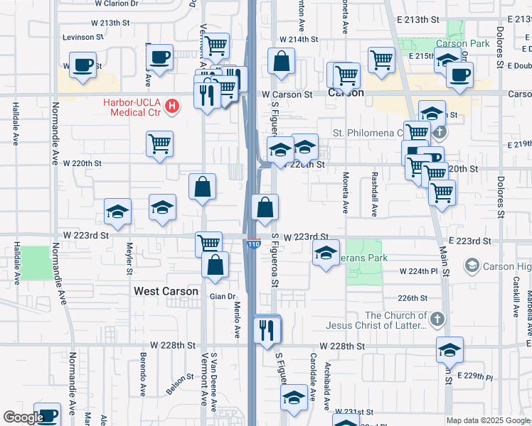 map of restaurants, bars, coffee shops, grocery stores, and more near 22123 South Figueroa Street in Carson