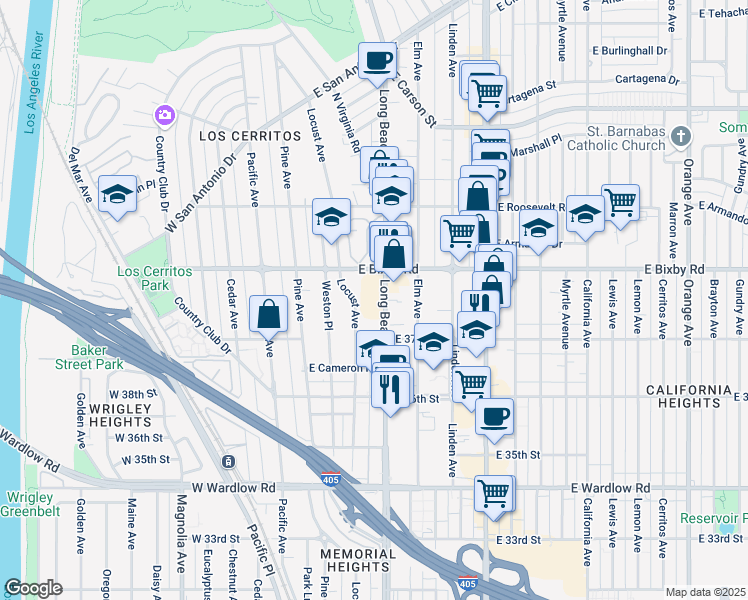 map of restaurants, bars, coffee shops, grocery stores, and more near 3737 Long Beach Boulevard in Long Beach