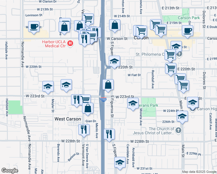 map of restaurants, bars, coffee shops, grocery stores, and more near 22235 South Figueroa Street in Carson