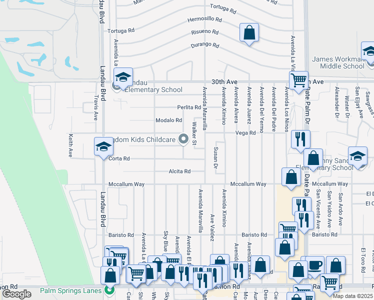 map of restaurants, bars, coffee shops, grocery stores, and more near 30620 Pauline Avenue in Cathedral City