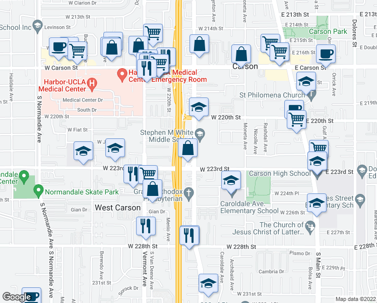 map of restaurants, bars, coffee shops, grocery stores, and more near 22123 South Figueroa Street in Carson