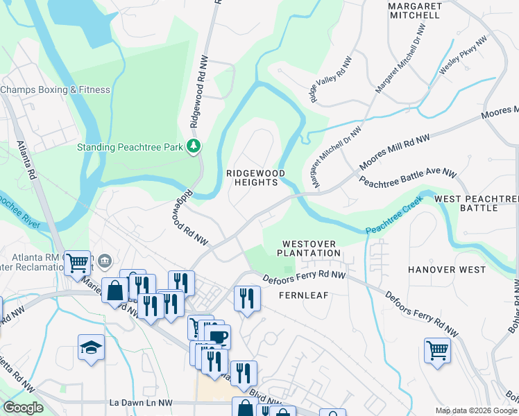 map of restaurants, bars, coffee shops, grocery stores, and more near 1753 Moores Mill Road Northwest in Atlanta