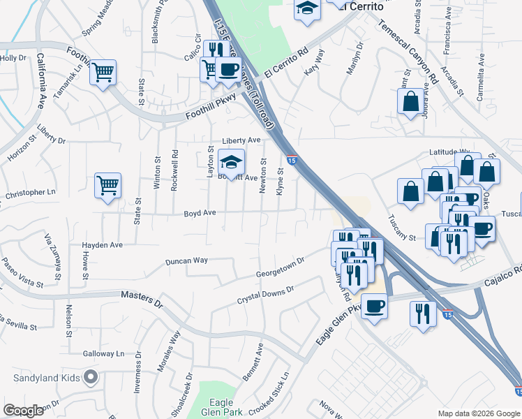 map of restaurants, bars, coffee shops, grocery stores, and more near Newton Street in Corona