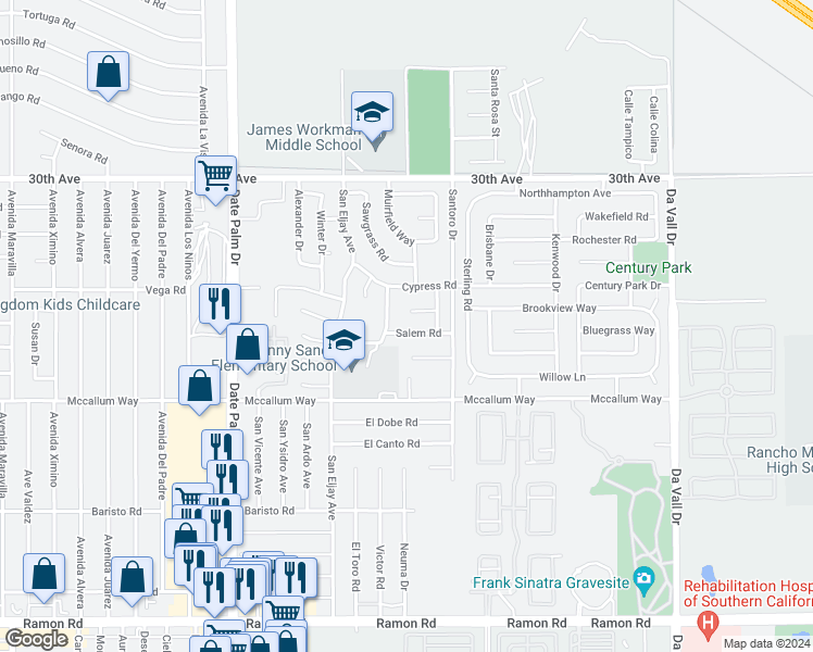 map of restaurants, bars, coffee shops, grocery stores, and more near 69398 Salem Road in Cathedral City