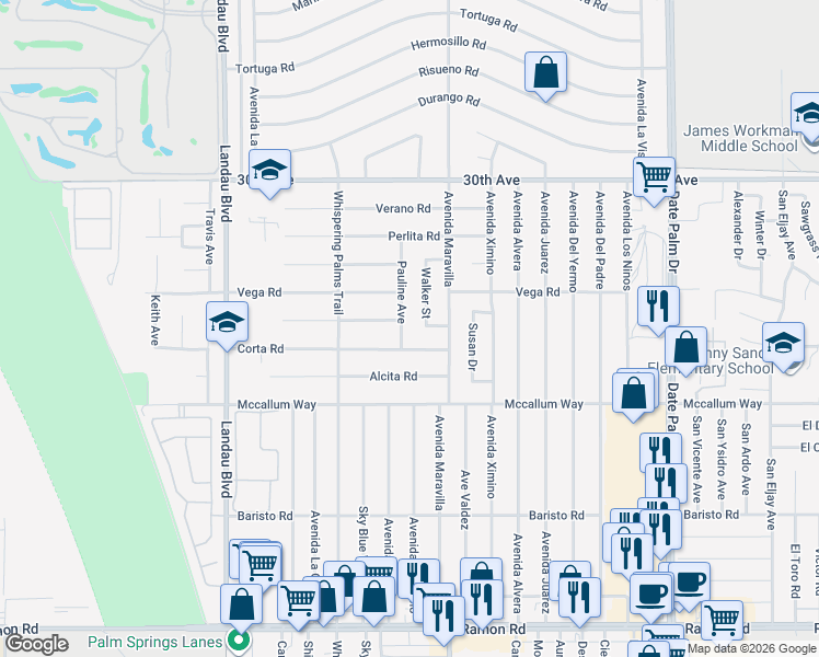 map of restaurants, bars, coffee shops, grocery stores, and more near 30620 Pauline Avenue in Cathedral City