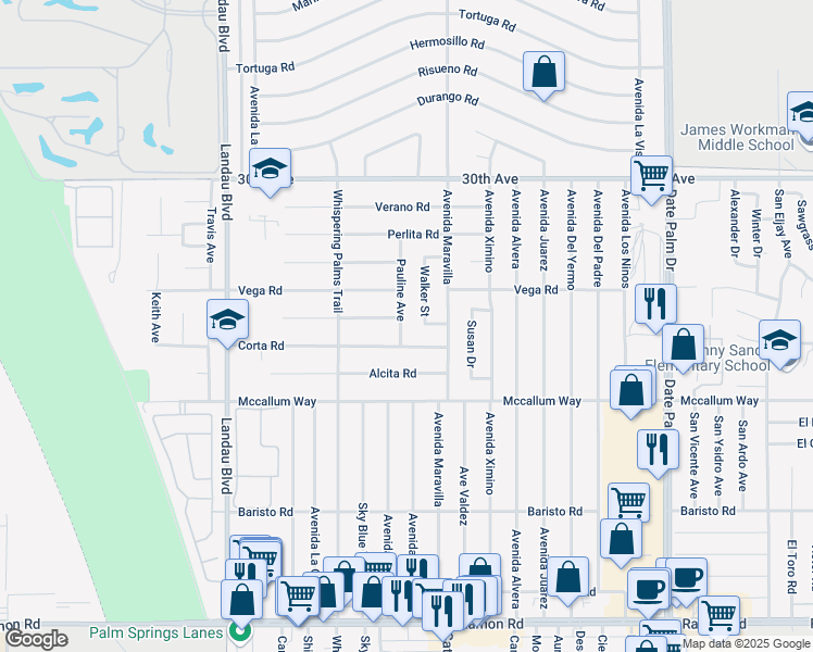 map of restaurants, bars, coffee shops, grocery stores, and more near 30620 Pauline Avenue in Cathedral City