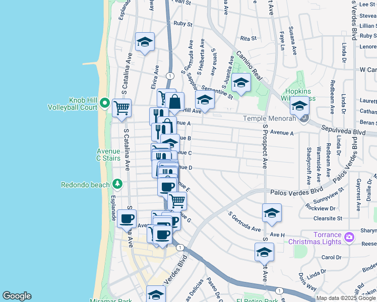 map of restaurants, bars, coffee shops, grocery stores, and more near 618 Avenue C in Redondo Beach