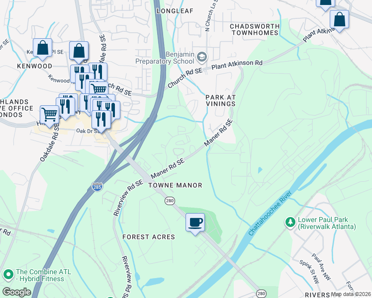 map of restaurants, bars, coffee shops, grocery stores, and more near 2435 Palladian Manor Way Southeast in Atlanta