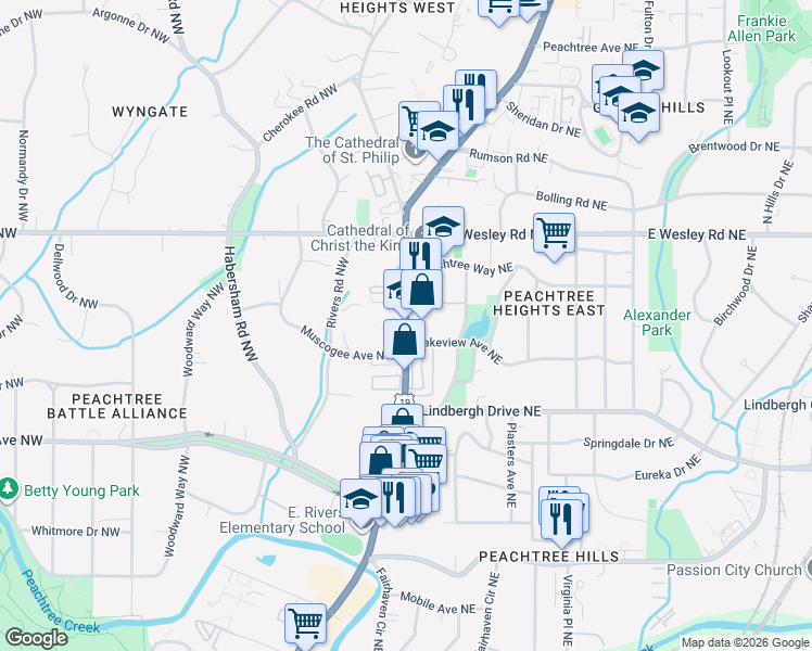map of restaurants, bars, coffee shops, grocery stores, and more near 2525 Peachtree Road in Atlanta