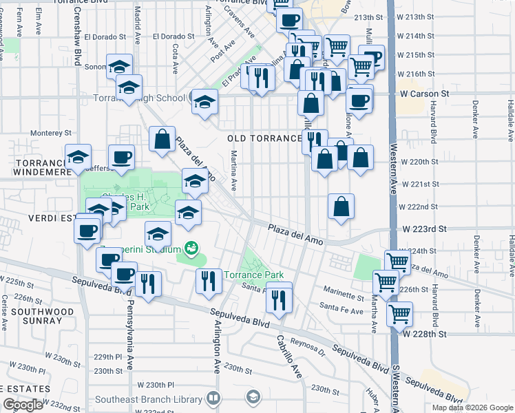 map of restaurants, bars, coffee shops, grocery stores, and more near 2007 Plaza del Amo in Torrance