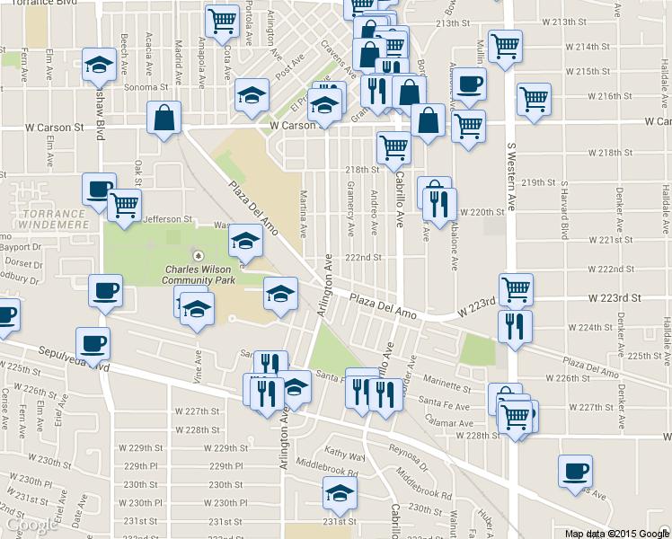 map of restaurants, bars, coffee shops, grocery stores, and more near 2216 Arlington Avenue in Torrance