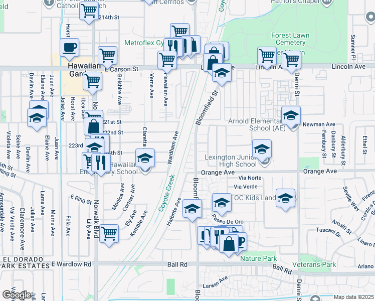 map of restaurants, bars, coffee shops, grocery stores, and more near 22221 Bloomfield Avenue in Cypress