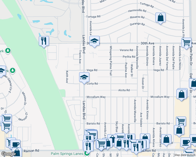 map of restaurants, bars, coffee shops, grocery stores, and more near 68125 Galardo Road in Cathedral City