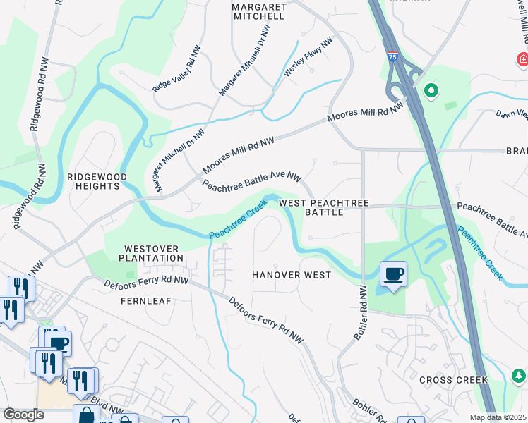 map of restaurants, bars, coffee shops, grocery stores, and more near 2580 Hyde Manor Drive Northwest in Atlanta