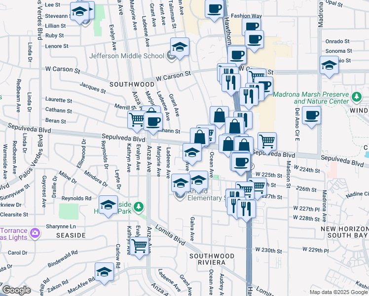 map of restaurants, bars, coffee shops, grocery stores, and more near 22406 Ladeene Avenue in Torrance