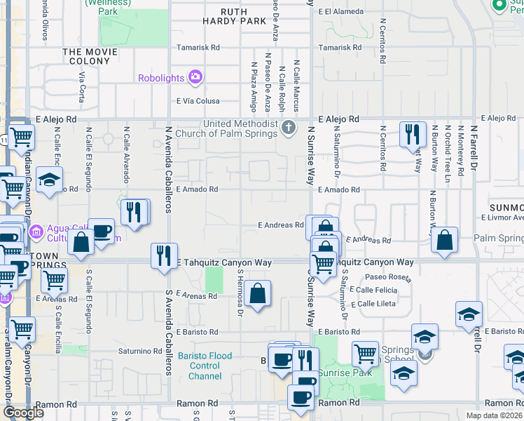 map of restaurants, bars, coffee shops, grocery stores, and more near 1312 East Andreas Road in Palm Springs