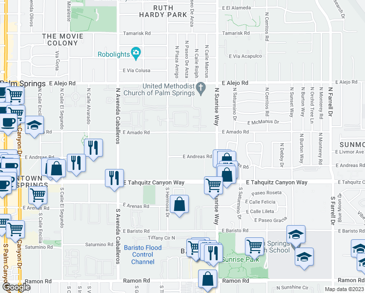 map of restaurants, bars, coffee shops, grocery stores, and more near 1360 East Andreas Road in Palm Springs