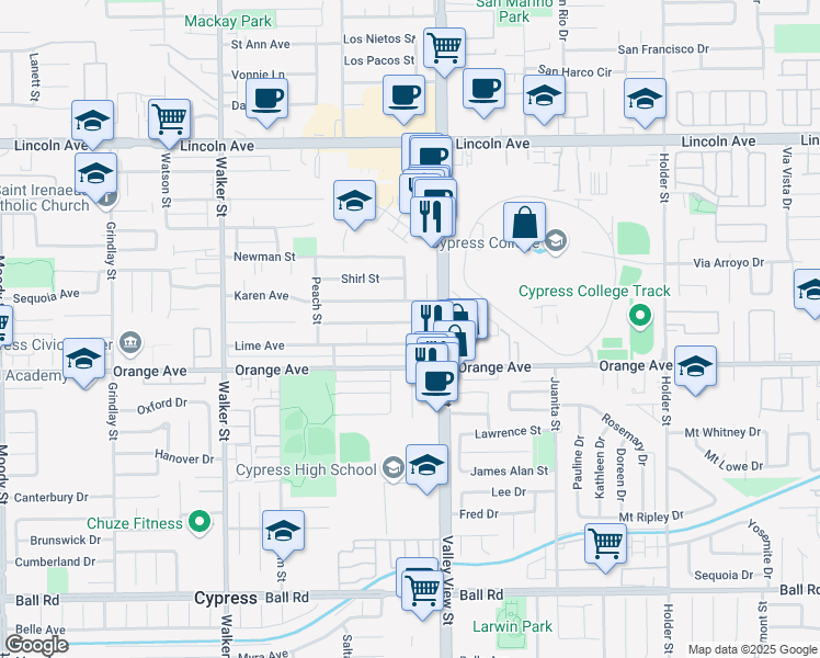 map of restaurants, bars, coffee shops, grocery stores, and more near 5922 Lemon Avenue in Cypress