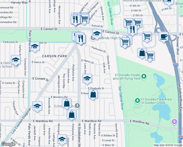 map of restaurants, bars, coffee shops, grocery stores, and more near 3706 Kallin Avenue in Long Beach