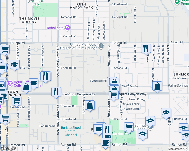 map of restaurants, bars, coffee shops, grocery stores, and more near 1382 East Andreas Road in Palm Springs