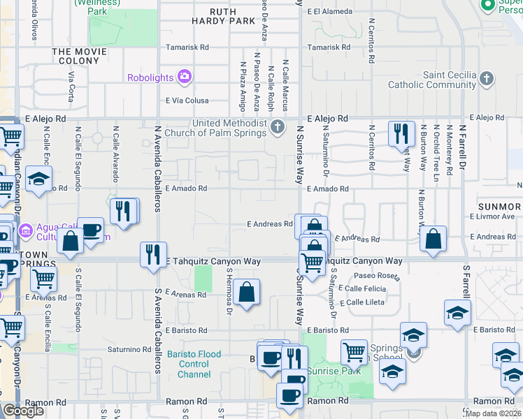 map of restaurants, bars, coffee shops, grocery stores, and more near 1360 East Andreas Road in Palm Springs
