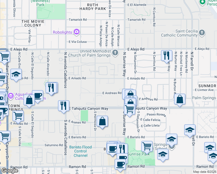 map of restaurants, bars, coffee shops, grocery stores, and more near 1360 East Andreas Road in Palm Springs