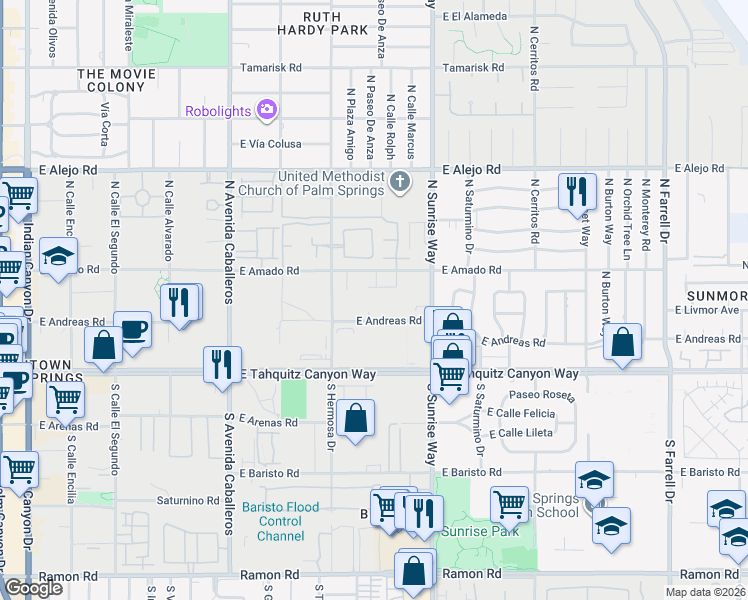map of restaurants, bars, coffee shops, grocery stores, and more near 1382 East Andreas Road in Palm Springs