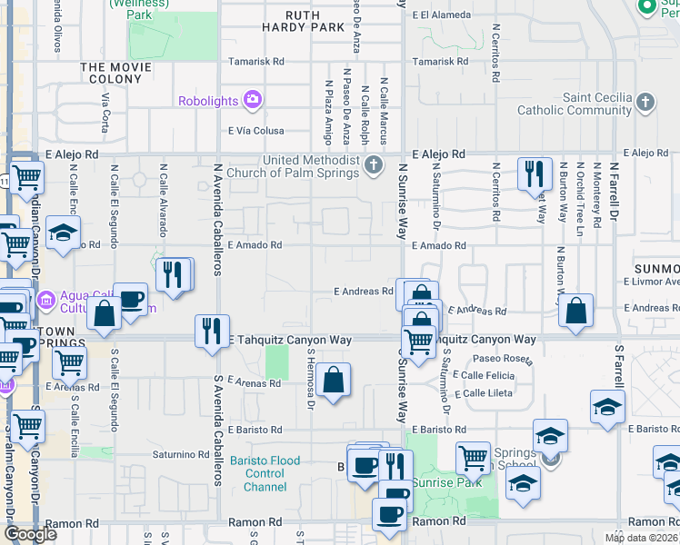 map of restaurants, bars, coffee shops, grocery stores, and more near 1360 East Andreas Road in Palm Springs