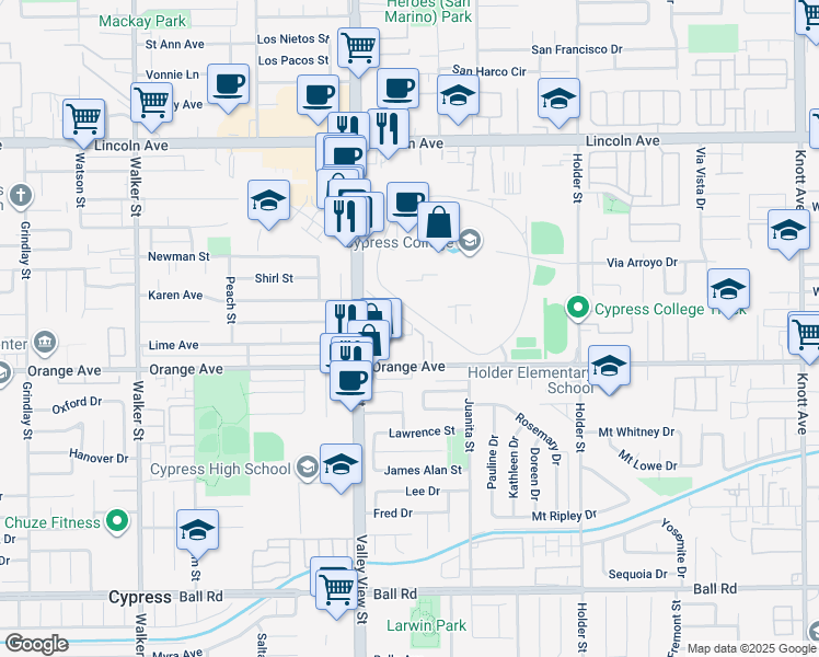 map of restaurants, bars, coffee shops, grocery stores, and more near 6141 Orange Avenue in Cypress