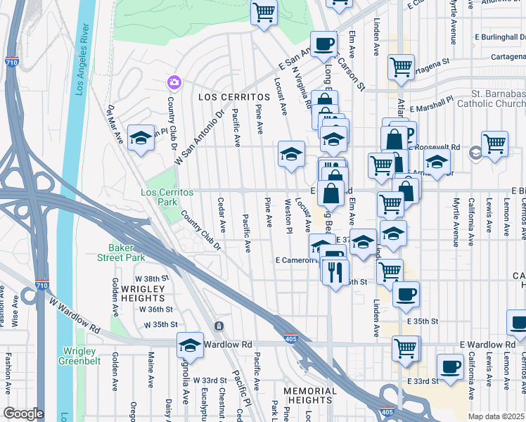 map of restaurants, bars, coffee shops, grocery stores, and more near 3734 Pacific Avenue in Long Beach