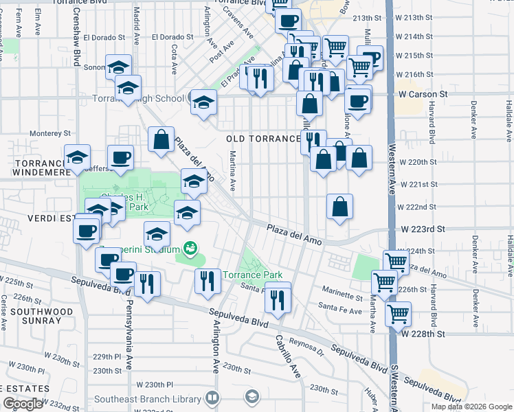 map of restaurants, bars, coffee shops, grocery stores, and more near 2007 Plaza del Amo in Torrance