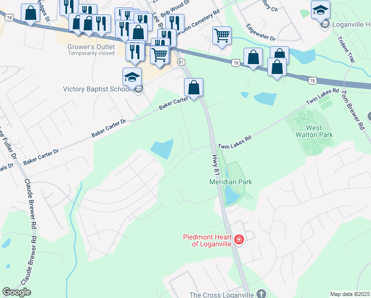 map of restaurants, bars, coffee shops, grocery stores, and more near 860 Point Place Drive in Loganville