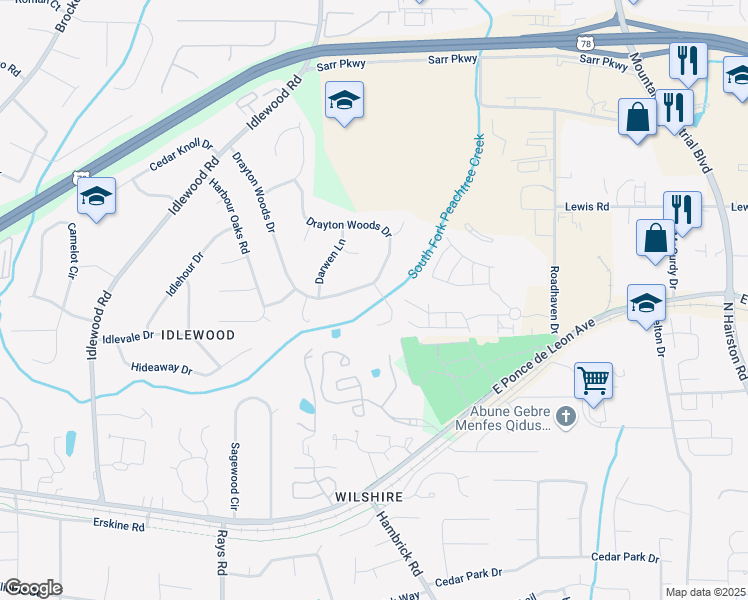 map of restaurants, bars, coffee shops, grocery stores, and more near 1448 Drayton Woods Drive in Tucker