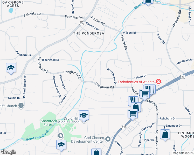 map of restaurants, bars, coffee shops, grocery stores, and more near 1523 Pangborn Station Drive in Decatur
