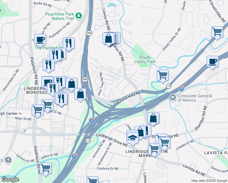map of restaurants, bars, coffee shops, grocery stores, and more near 960 Sidney Marcus Boulevard Northeast in Atlanta