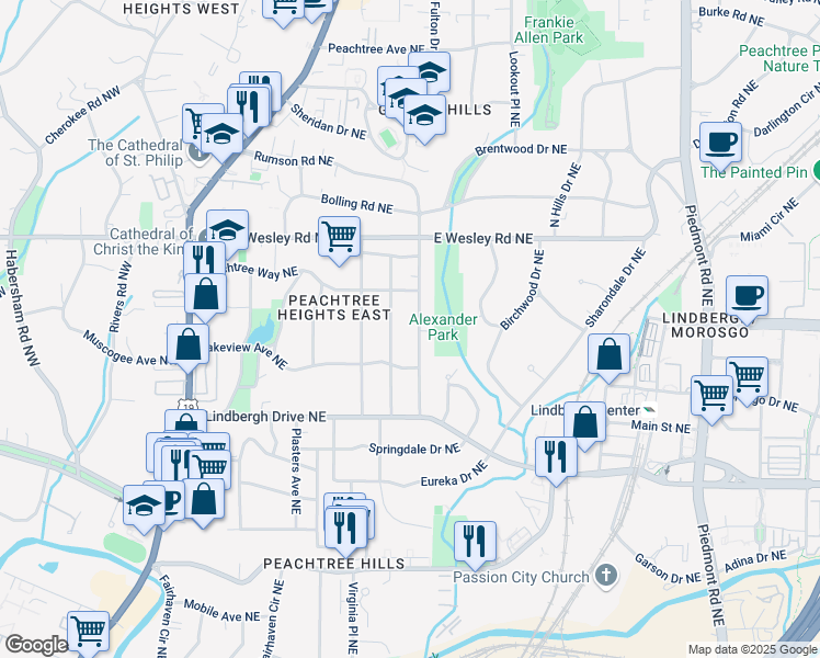 map of restaurants, bars, coffee shops, grocery stores, and more near 2580 Acorn Avenue Northeast in Atlanta