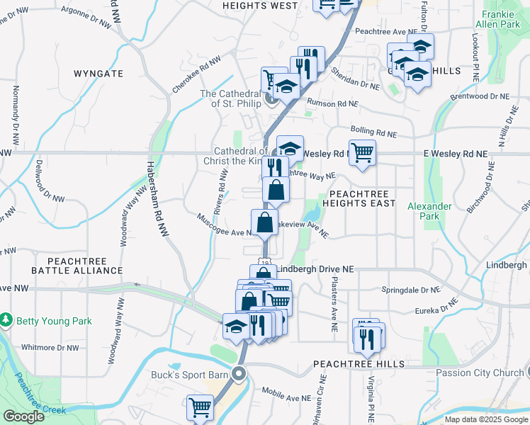 map of restaurants, bars, coffee shops, grocery stores, and more near 2525 Peachtree Road in Atlanta