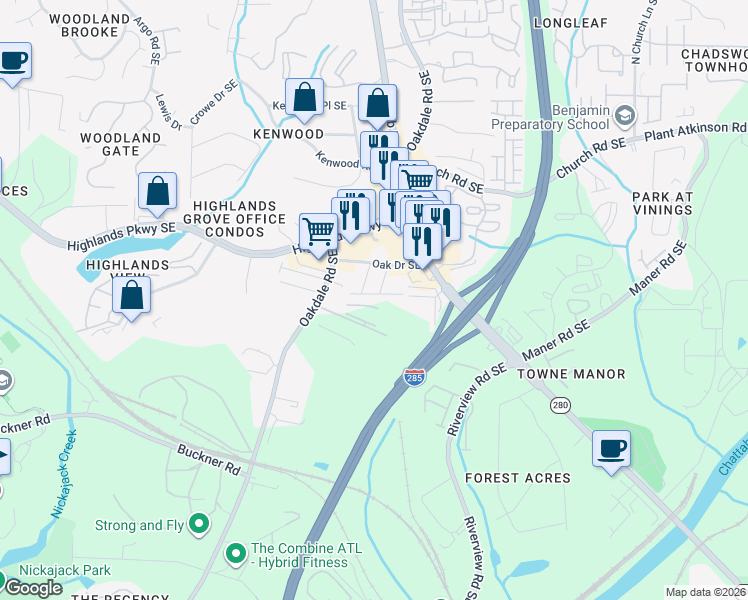 map of restaurants, bars, coffee shops, grocery stores, and more near 2224 Knoxhill View in Smyrna