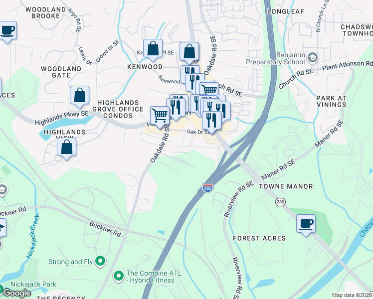map of restaurants, bars, coffee shops, grocery stores, and more near 2220 Knoxhill View in Smyrna