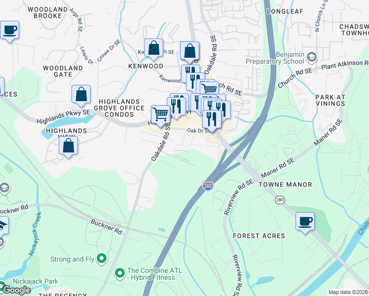 map of restaurants, bars, coffee shops, grocery stores, and more near 2216 Knoxhill View in Smyrna