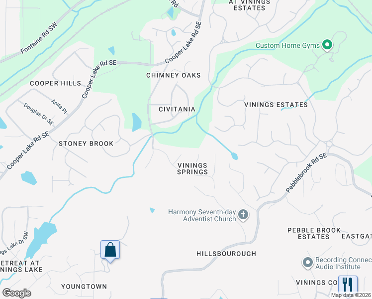 map of restaurants, bars, coffee shops, grocery stores, and more near 5255 Vinings Springs Court Southeast in Mableton