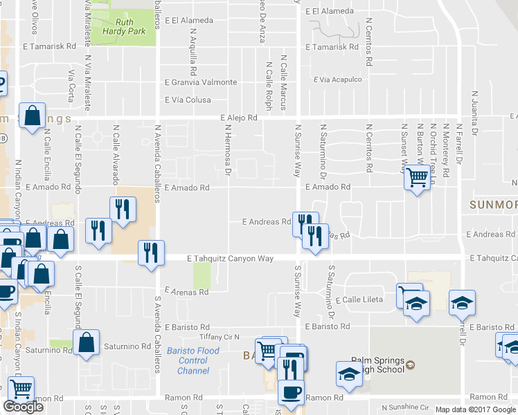 map of restaurants, bars, coffee shops, grocery stores, and more near 1384 East Andreas Road in Palm Springs
