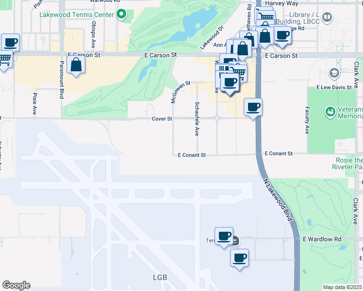 map of restaurants, bars, coffee shops, grocery stores, and more near 3701 East Conant Street in Long Beach