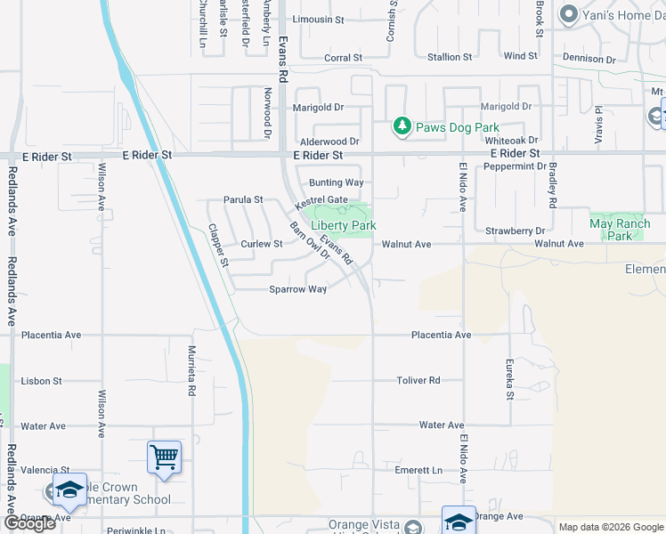 map of restaurants, bars, coffee shops, grocery stores, and more near 2970 Barn Owl Drive in Perris